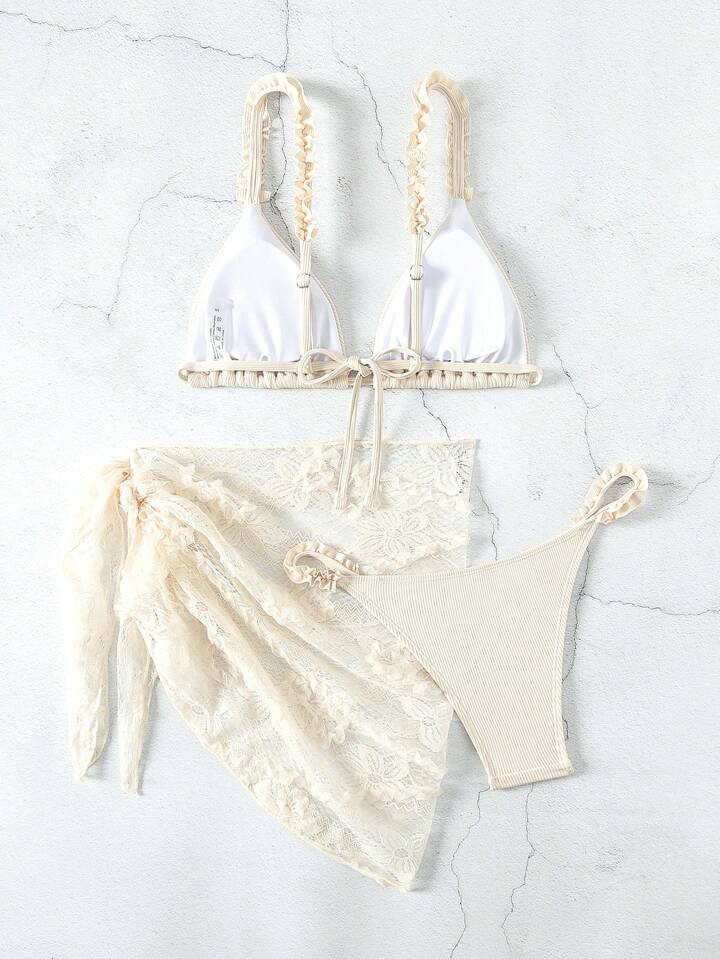 SHEIN Swim Women's Lace Embroidered Bikini Set With Spaghetti Straps, Bikini Set Outfit Beach Swi... | SHEIN