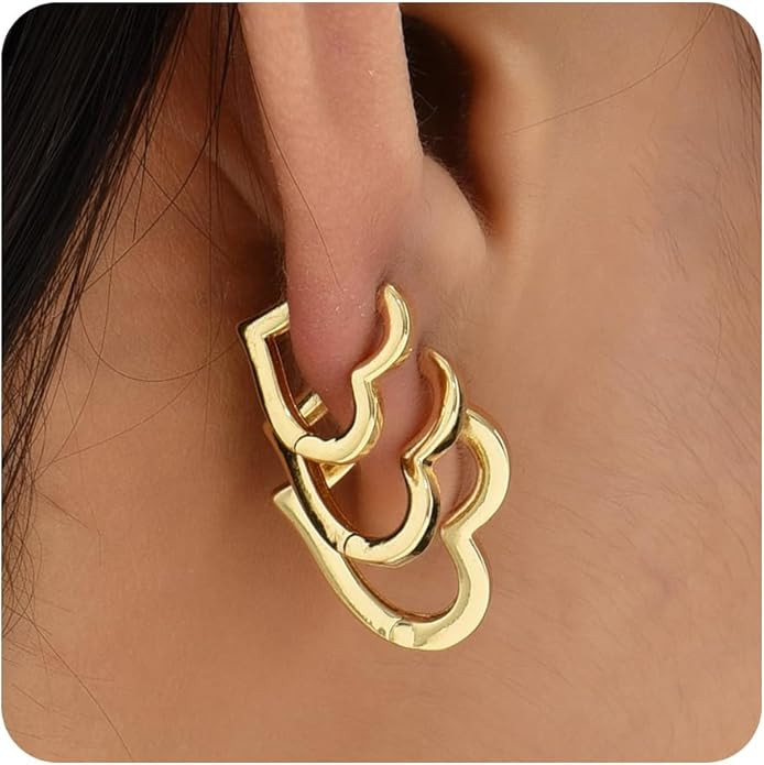 Sloong 3pairs Hoop Earrings Set 14K Gold Plated Lightweight Hypoallergenic Chunky Square Star Hea... | Amazon (US)