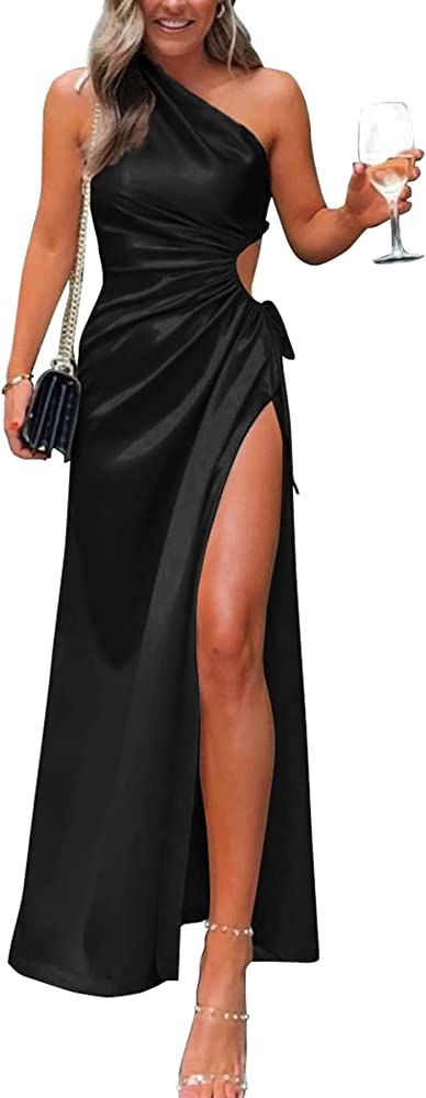 PRETTYGARDEN Women's 2023 Summer One Shoulder Satin Dress Cutout High Split Cocktail Wedding Guest M | Amazon (US)