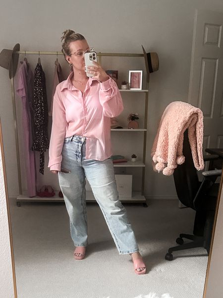 Casual work from home outfit, pink button up outfit, see through collared blouse. 

#LTKMidsize #LTKWorkwear #LTKFindsUnder50