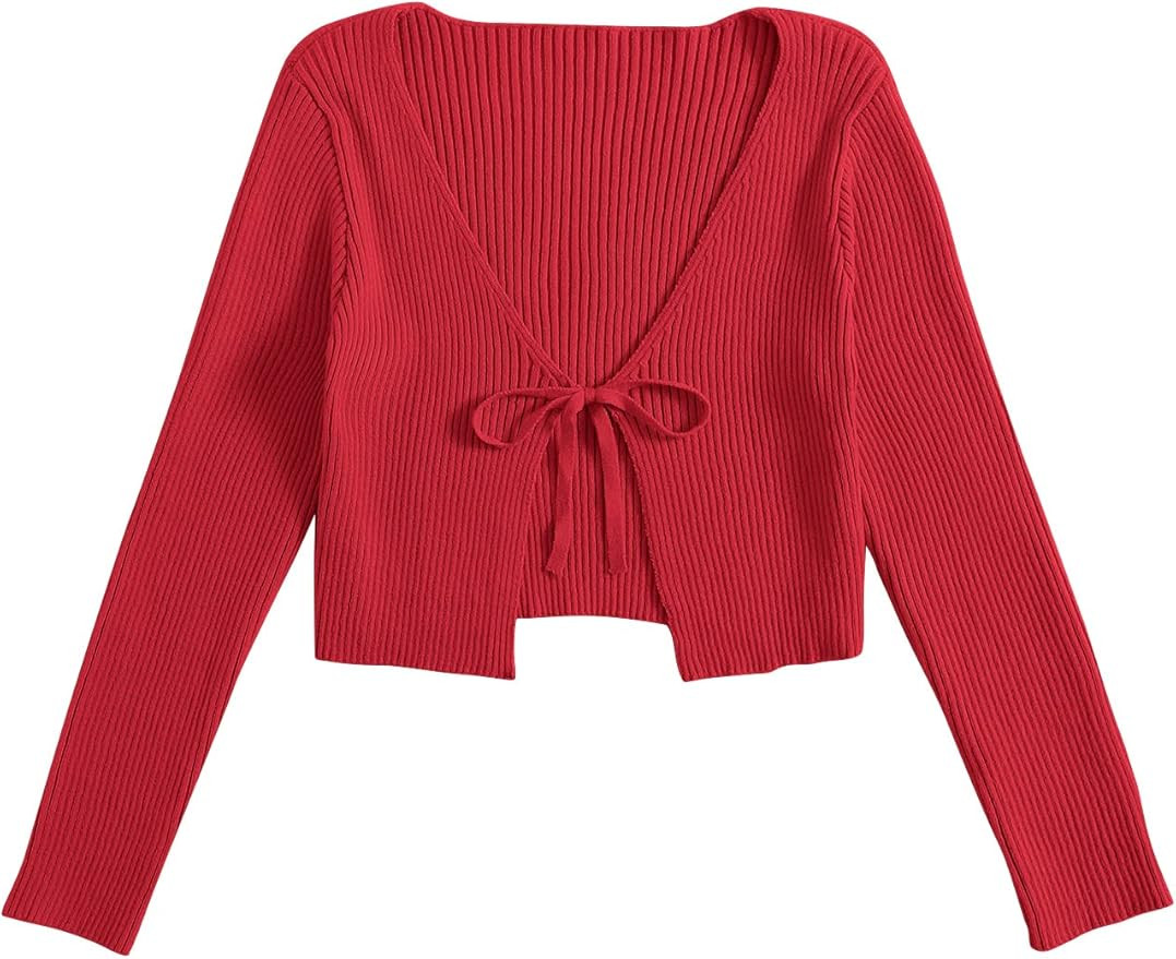 Floerns Women's Tie Front Long Sleeve Rib Knit Shrug Sweaters Cardigan Crop Top | Amazon (US)