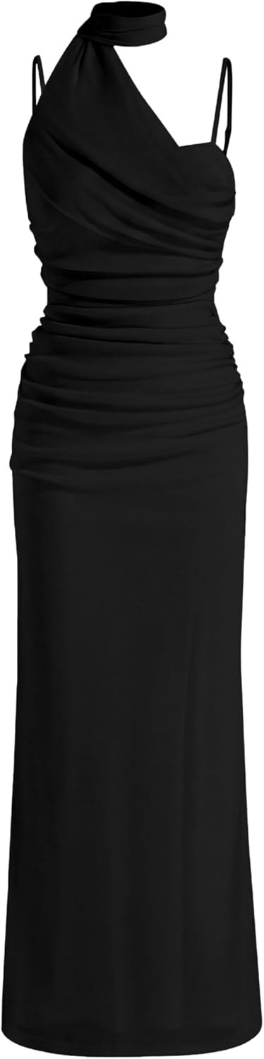 Women Summer Halter Neck Maxi Dress Ruched Bodycon Elegant Formal Wedding Guest Cocktail Party Long Dresses with Scarf | Amazon (US)
