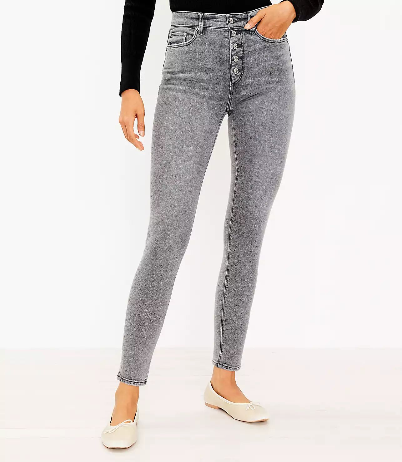 Button Front High Rise Skinny Jeans in Vintage Grey Wash | LOFT