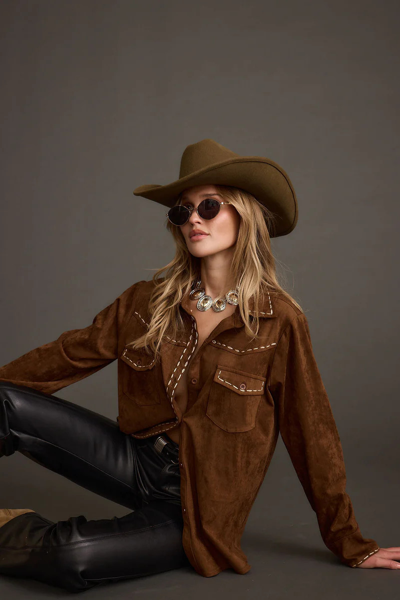 Rustic Pines Brown Suede Button Down Top | 12th Tribe