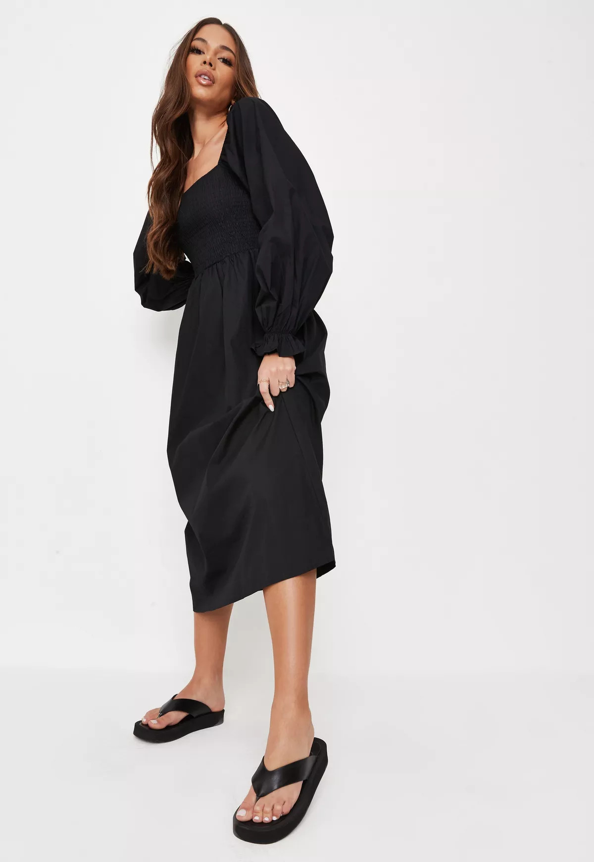 Black Poplin Shirred Midi Smock Dress | Missguided (US & CA)