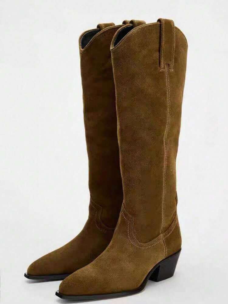 2025 Autumn New Arrival Women's High Shaft Pointed Toe Mid-Heel Leather Boots [7CM Heel Height],Party | SHEIN