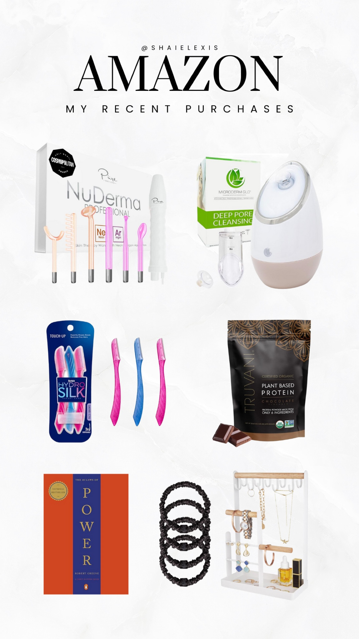 Recent products I bought off amazon, including skincare and self care essentials! 🛁🫧🧼

Products mentioned: SEMEUE silk scrunchies, dermaplaning tool, microderm facial steamer, NuDerma skin therapy wand, vegan protein powder, jewelry organizer, the 48 laws of powder 🤍

#LTKBeauty #LTKFindsUnder50