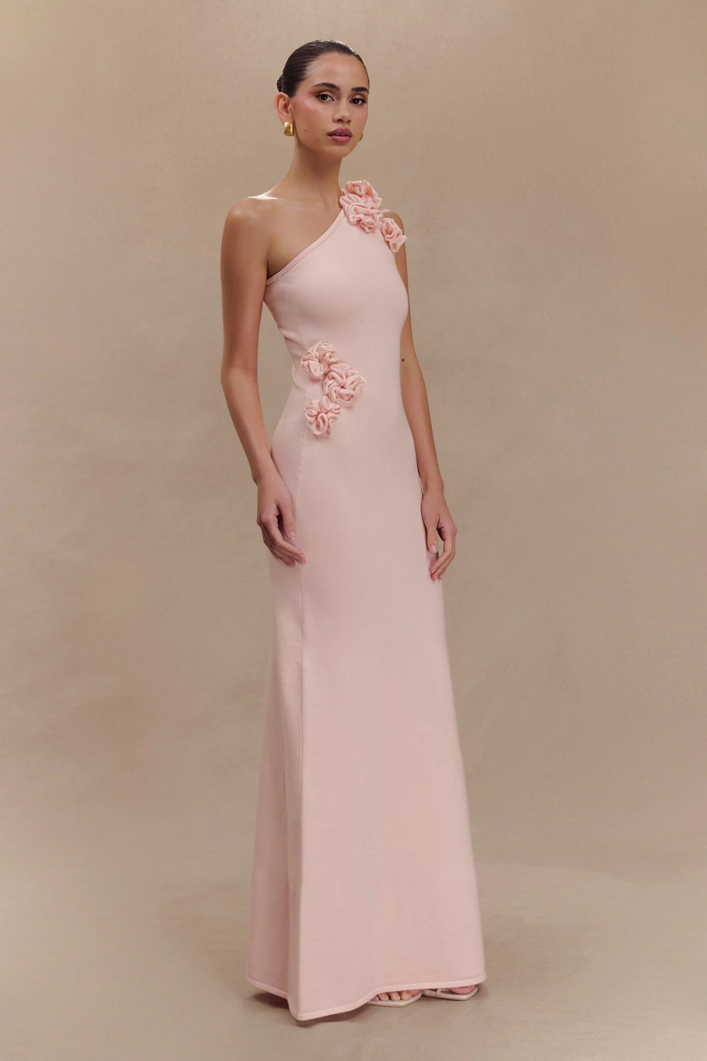 One Shoulder Knit Maxi Dress With Flowers - Baby Pink | MESHKI US