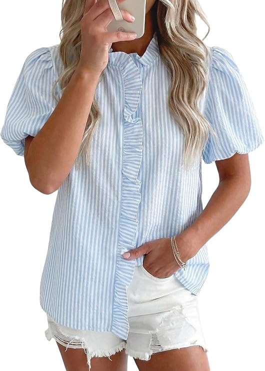 Astylish Women Striped Blouses Spring Summer Ruffle Collar Puff Sleeve Button Down Shirts Busines... | Amazon (US)