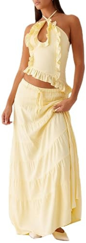 Y2k Ruffle Long Skirt Sets for Women 2 Piece Outfits Yellow Two Piece Ruched Backless Cami Top Matching Boho Tiered Maxi Skirt Set | Amazon (US)