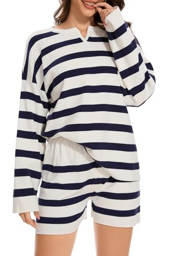 Women's Striped Sweater Set 2 Piece Lounge Set Oversized Matching Long Sleeve Shorts Pajama Set White&Blue S | Amazon (US)