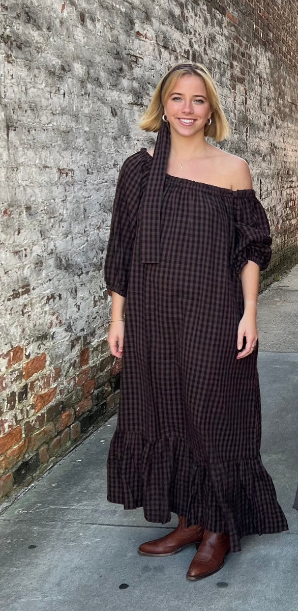 Cosette One Size Maxi Dress Brown Gingham | Madison Mathews