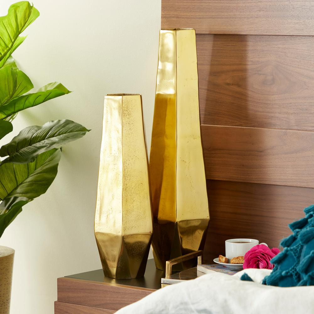 LITTON LANE 19 in., 26 in. Modern Geometric Gold Metal Vases (Set of 2) | The Home Depot