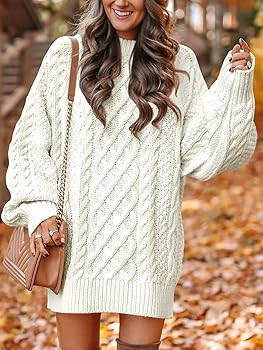 ANRABESS Women Chunky Cable Knit Crewneck Loose Oversized Pullover Sweater Winter Fall Short Dres... | Amazon (US)