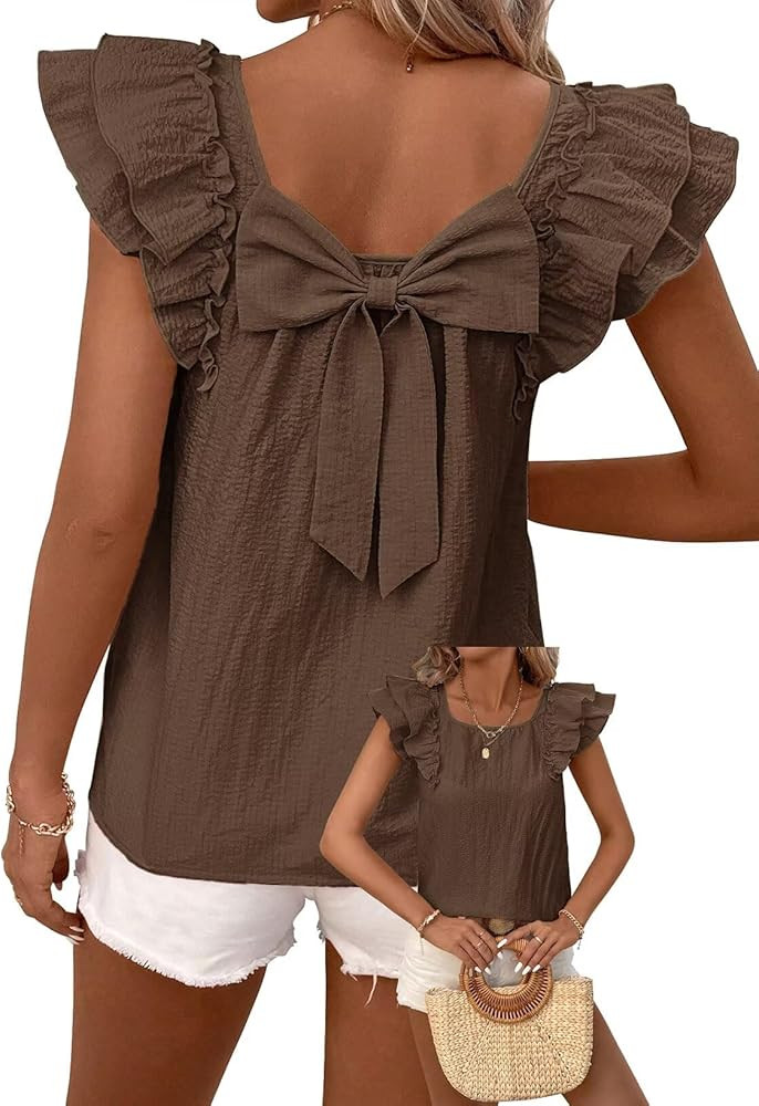 Falechay Womens Bow Tie Back Tops Babydoll Vneck Ruffle Short Sleeve Shirts | Amazon (US)