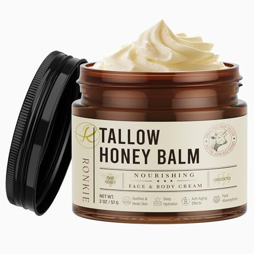 RONKIE Beef Tallow for Skin Care: Grass-Fed Beef Tallow and Raw Honey Balm - Unscented Natural Tallow Face Moisturizer Smooth Soft for Dry Skin 2oz | Amazon (US)