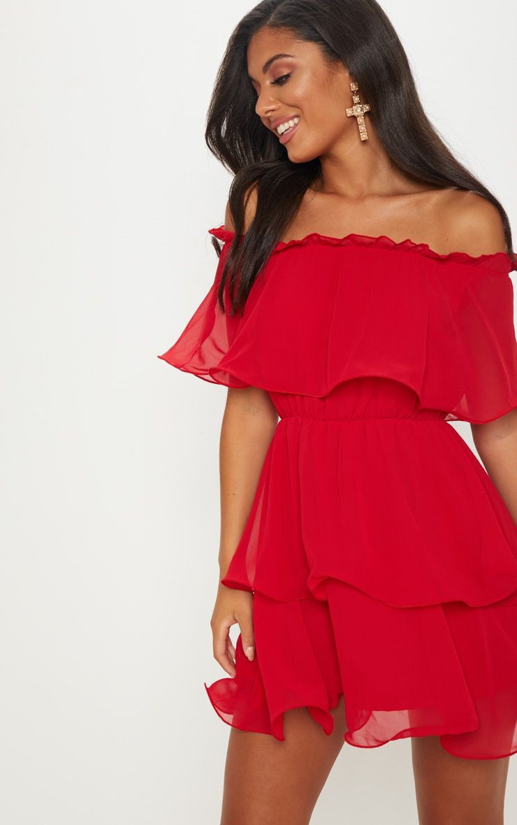 Red Chiffon Bardot Ruffle Tiered Dress | PrettyLittleThing US