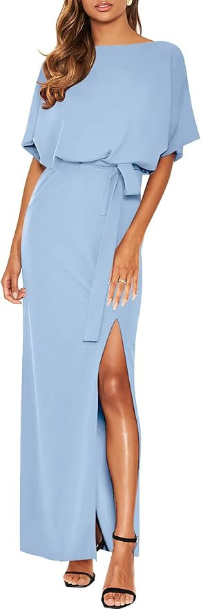 ANRABESS Women's Batwing Sleeve Tie Waist Long Dresses Formal Party Wedding Guest Side Split Maxi... | Amazon (US)