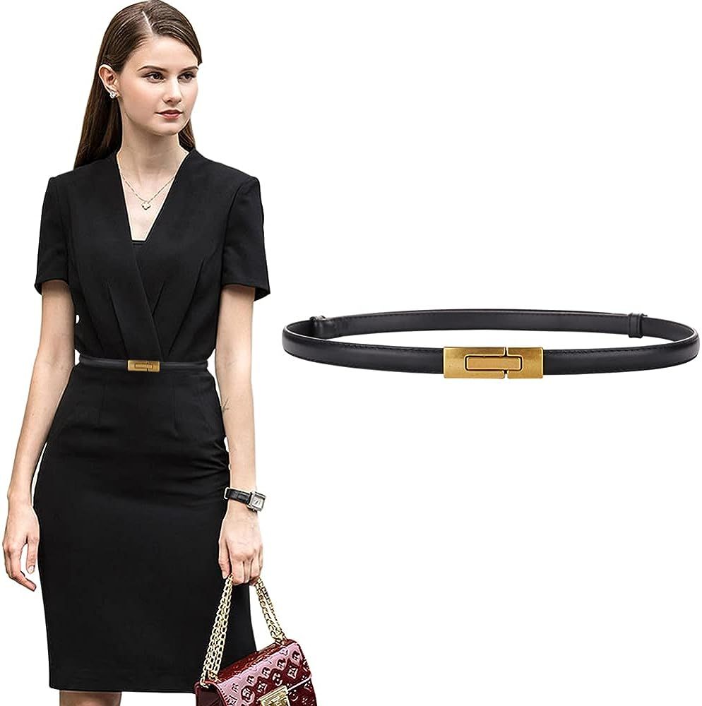 ALAIX Women's Leather Skinny Belt for Dress Adjustable Thin Waist Belt Dress Belt with Vintage Go... | Amazon (US)