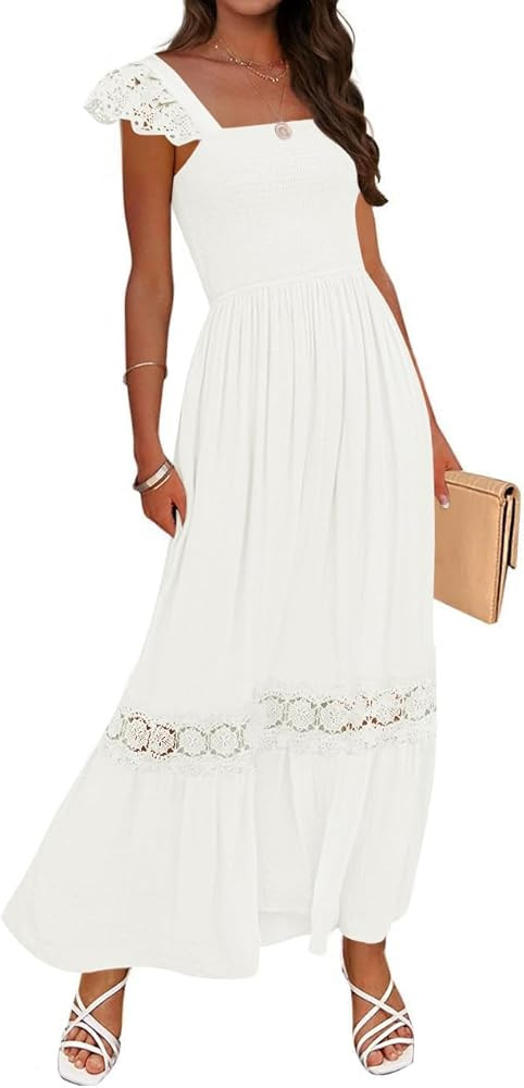 ZESICA Women's 2025 Summer Lace Strap Sleeveless Square Neck Smocked High Waist Ruffle Hollow Out... | Amazon (US)