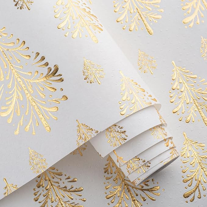 Flyhill Kraft Christmas Wrapping Paper,White Gold 3D Embossed Foil Christmas Tree with Woodlands ... | Amazon (US)