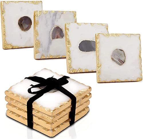 Bezrat Marble Coasters for Drinks - Set of 4 - Square - Modern Gold Edge Agate Stone Coaster - Ta... | Amazon (US)