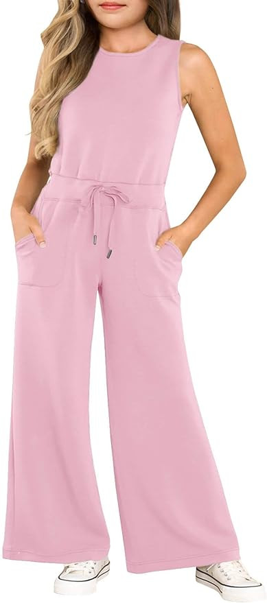 Haloumoning Girl's Jumpsuits Sleeveless Round Neck Wide Leg One Piece Rompers Little Kid Big Kids | Amazon (US)