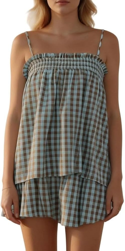 ROAONOCOMO Women Gingham 2 Piece Pajama Set Flowy Peplum Babydoll Cami Top Wide Leg Shorts Sets S... | Amazon (US)