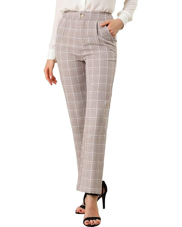 Allegra K Women's Plaid Pants Elastic Waist Casual Work Office Long Trousers | Amazon (US)