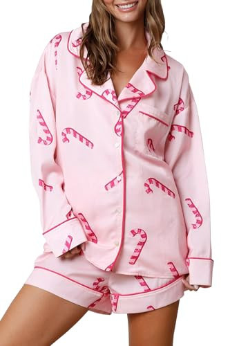 AUJUBUY Women Christmas Pajamas Cute Shorts Set Santa Colorful Pj Long Sleeve Shirt Lounge Pants 2Piece Christmas Sleepwear (Pink Candy Cane Pajamas, M) | Amazon (US)