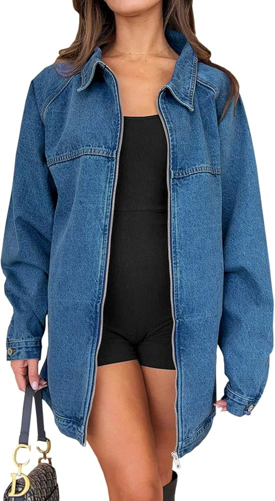 Tankaneo Womens Oversized Denim Jackets Casual Zip up Spring Long Sleeve Jean Jacket with Pocket | Amazon (US)