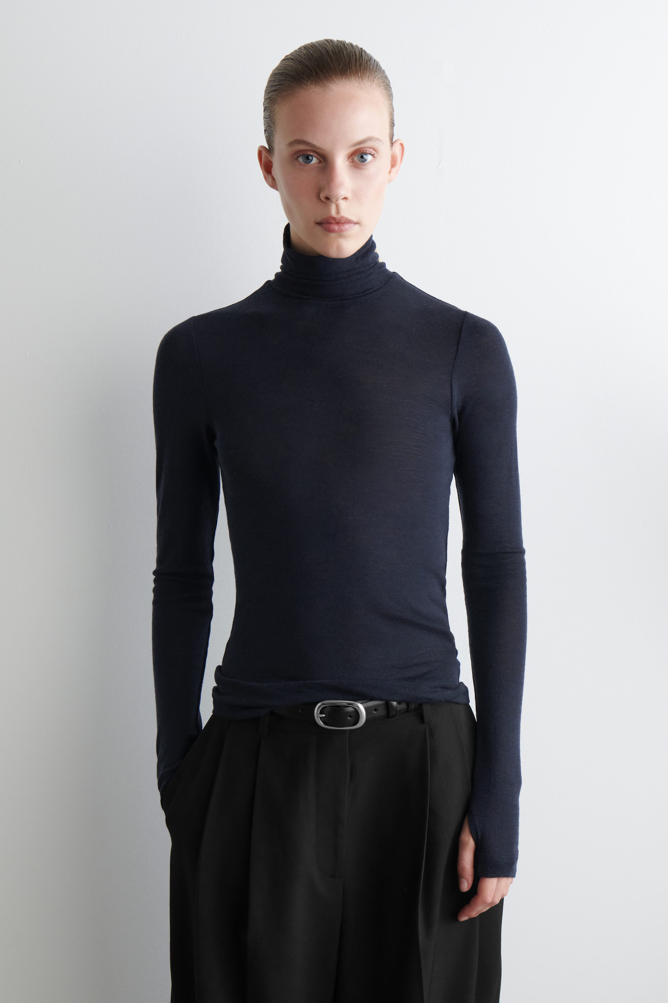 MERINO WOOL HIGH-NECK TOP - NAVY | COS GB | COS UK