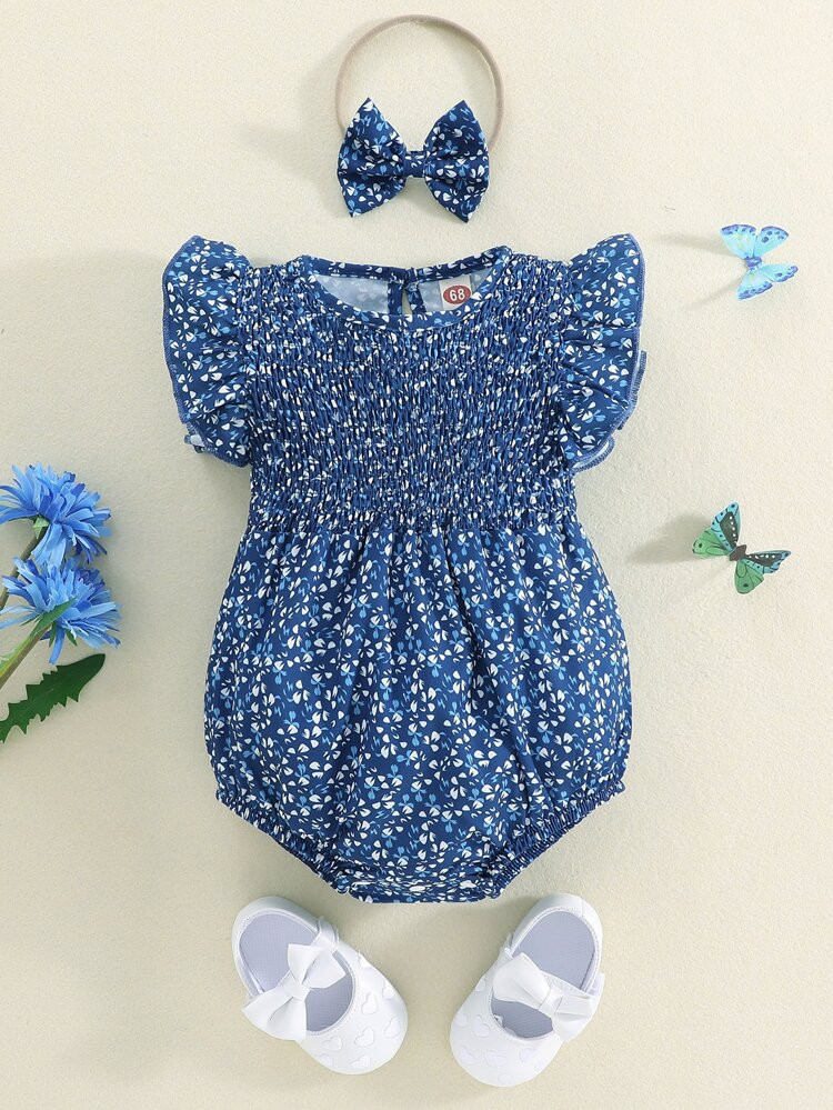 Baby Ditsy Floral Shirred Bodysuit & Headband | SHEIN