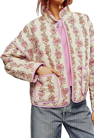 ROJZR Womens Floral Quilted Cropped Puffer Jacket Lightweight Long Sleeve Padded Winter Warm Outw... | Amazon (US)