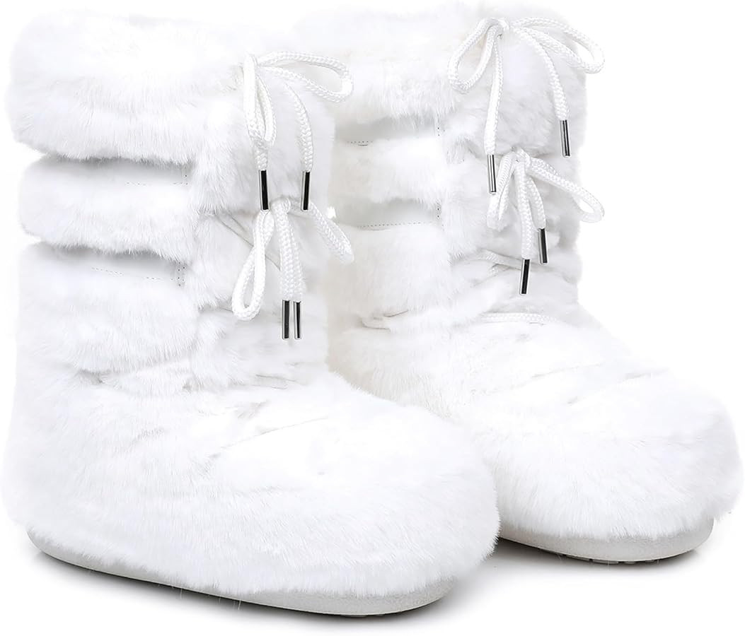 Womens Snow Boots,Fuzzy Furry Fluffy Fur Boots with Faux Fur Lined,Winter Mid-calf Lace-up White ... | Amazon (US)