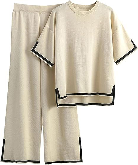 Tanming Sweater Sets Women 2 Piece Lounge Sets Short Sleeve Knit Pullover Tops Wide Leg Pants | Amazon (US)