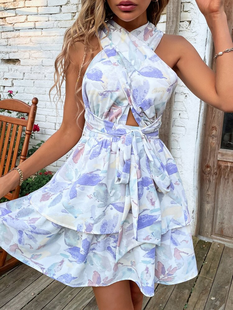 Plant Print Crisscross Backless Knot Front Layered Hem Dress | SHEIN