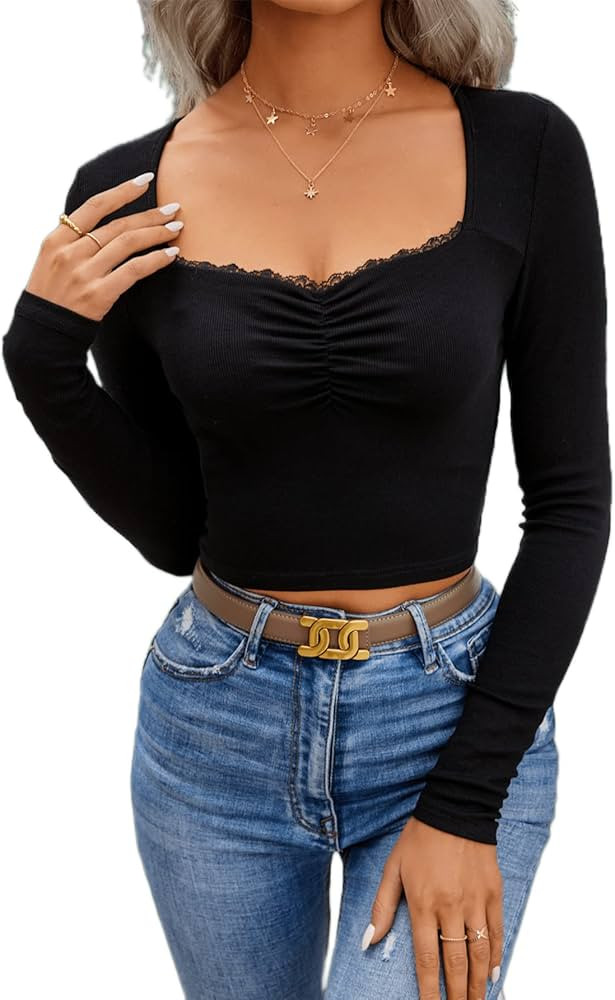 SOLY HUX Womens Ribbed Knit Long Sleeve Crop Tops T Shirts Ruched Lace Trim Sweetheart Fitted Tee... | Amazon (US)
