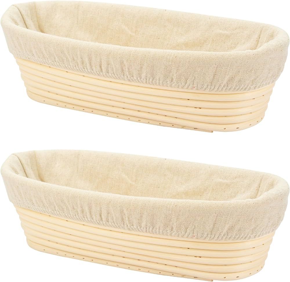 2 PCS 10 inch Oval Long Banneton Brotform Bread Dough Proofing Rising Rattan Basket & Liner for P... | Amazon (US)