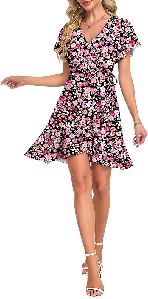 AUSELILY Summer Dresses Wrap Dress for Women Mini Short Flutter Sleeve Casual Sundress V Neck Ele... | Amazon (US)