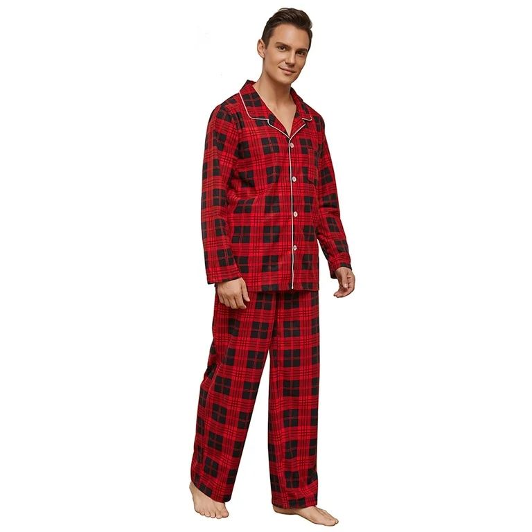 Vulcanodon Mens Flannel Plaid Pajama Set，Long Pajamas Warm Lightweight Pjs Set with Pockets(Red... | Walmart (US)