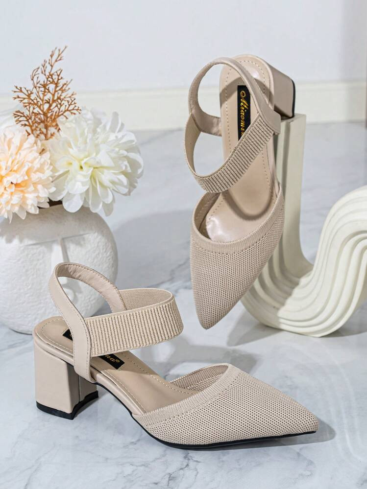 Women's Pointy Toe Chunky Heel Knit Fabric Close-Toe Slip-On Mule Sandals, Beige, Versatile & Simple | SHEIN