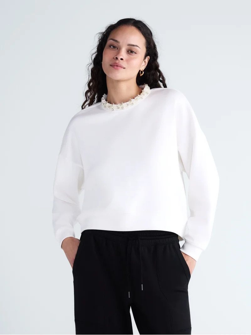 Scoop Women's and Women's Plus Scubaknit Pearl Embellished Sweatshirt, Sizes XS-4X | Walmart (US)