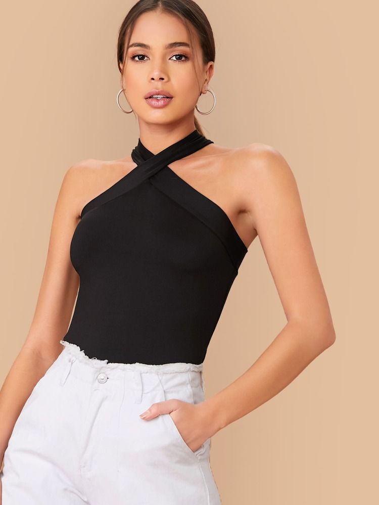 SHEIN Form-Fitting Crisscross Halter Top | SHEIN