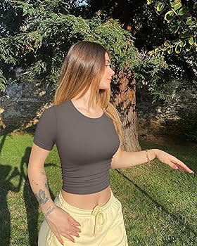 OQQ Womens 2 Piece Shirts Short Sleeve Crew Neck Ruched Stretch Fitted Tee Shirts Crop Tops | Amazon (US)