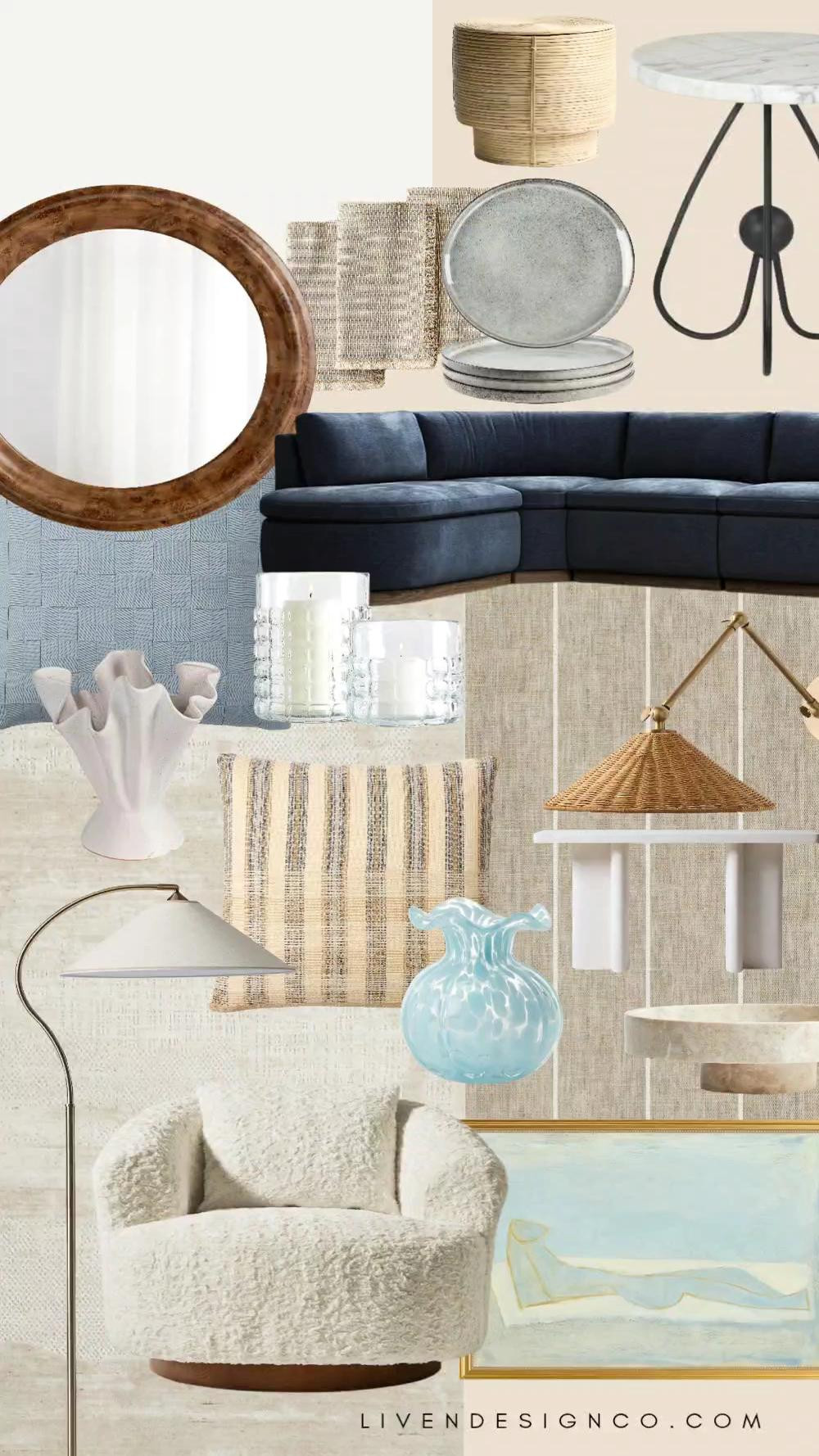 Modern coastal home decor. Wall mirror. Living room. Classic style. Sectional sofa. Side table. Marble accent table. Vase. Glass candle hurricanes. Area rug. Textured rug 

 #LTKSeasonal #LTKHome #LTKSaleAlert