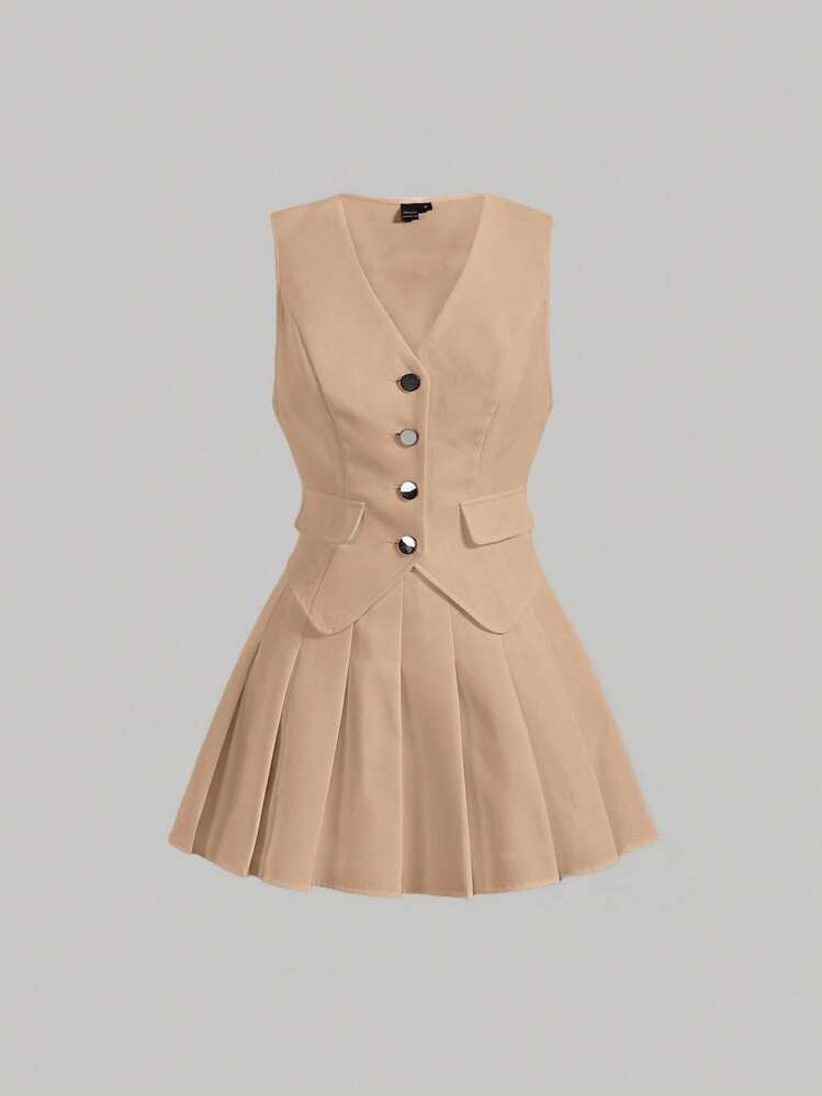 SHEIN MOD Solid Button Front Vest Blazer & Pleated Skirt In Fall/Winter | SHEIN