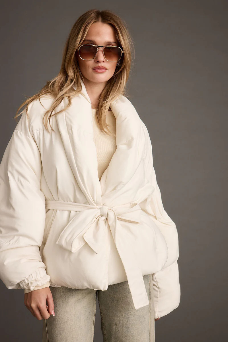 Maverick White Belted Puffer Coat | 12th Tribe
