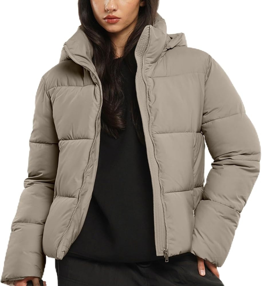 Women's Cropped Puffer Jackets,Warm Winter Jacket with Removable Hood,Zipped Pockets,Short Ladies... | Amazon (US)