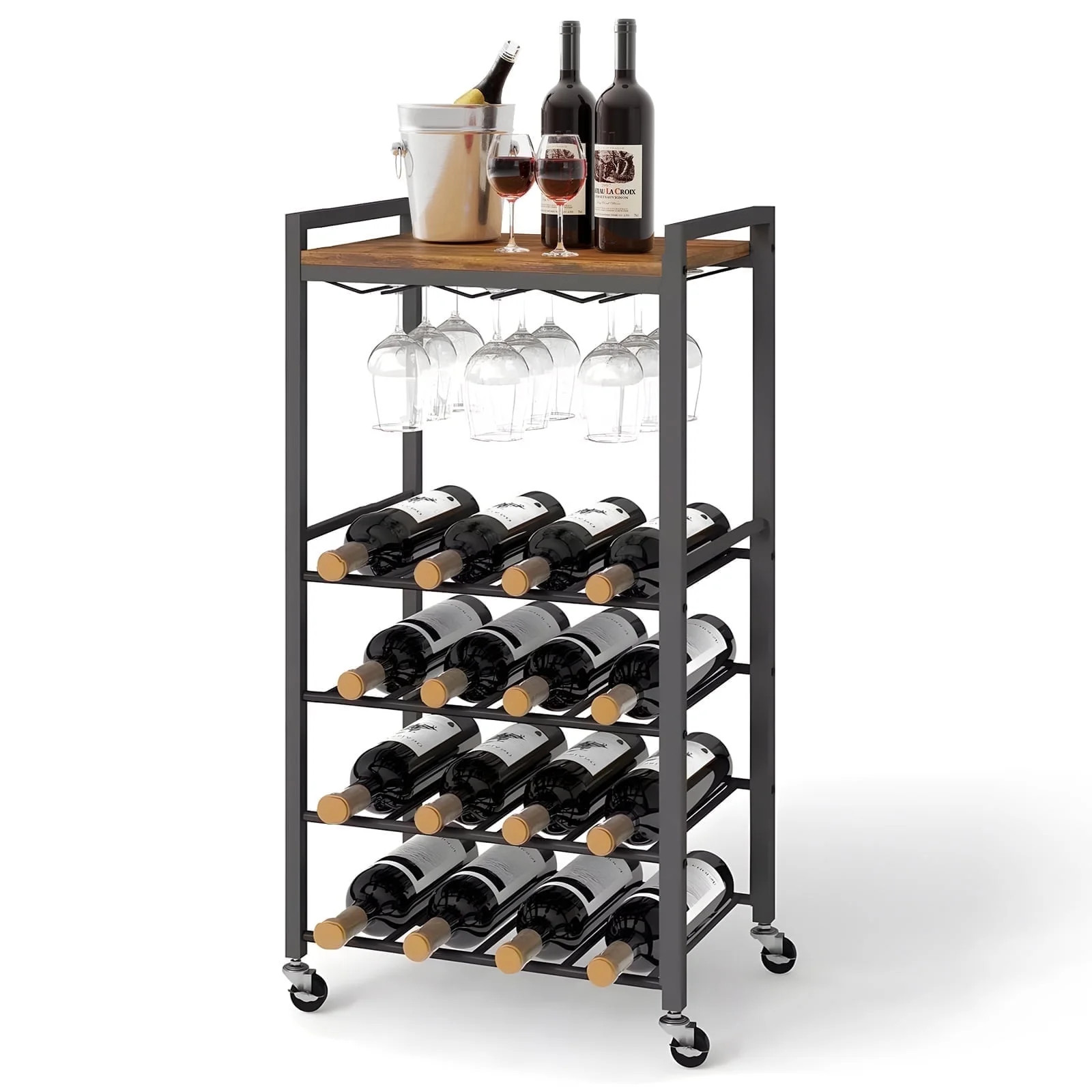 Furnibear 5-Tier Rolling Wine Rack with Tabletop - Holds 16 Bottles, Rustic Brown Iron/Wood Desig... | Walmart (US)